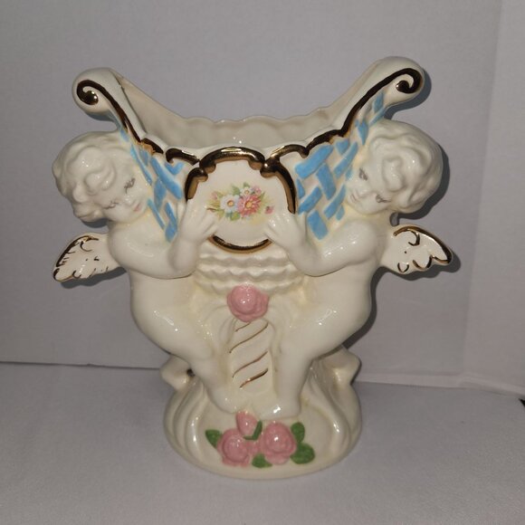 Ceramic Cherub Planter Vase with Gold Accents & Delicate Floral Design - Picture 1 of 8
